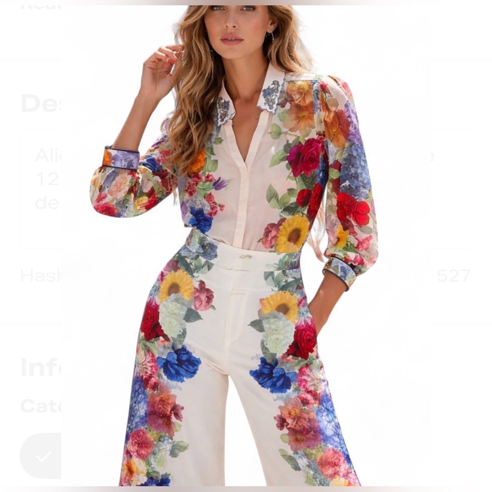 Alice + Olivia Floral Placement Pants 12 High Rise Wide Leg Designer Statement - Picture 9 of 9